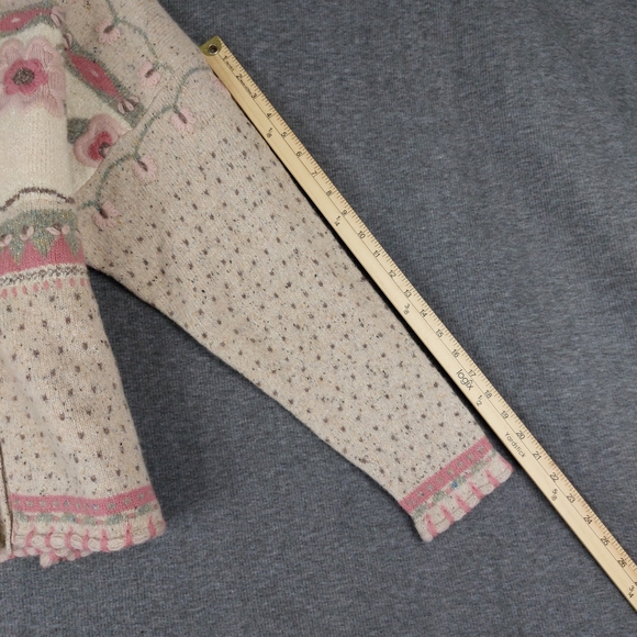 ORVIS WOMENS VTG CREAM PINK 3D FLORAL LONG SLEEVE LAMBSWOOL SILK CARDIGAN SZ M - Picture 5 of 7